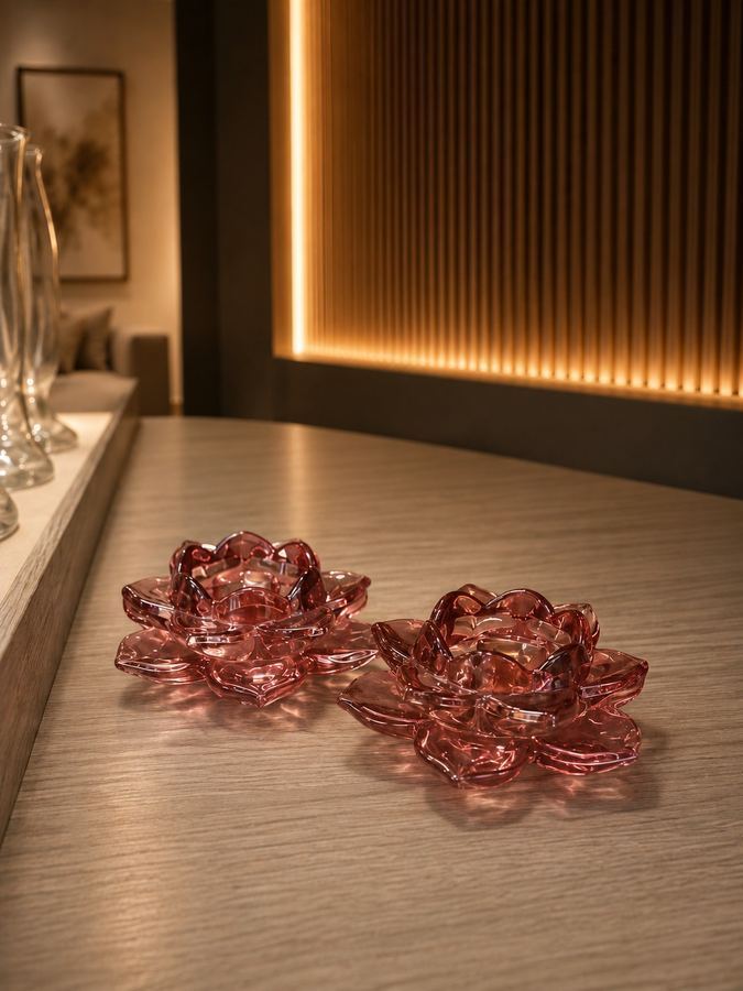 Porta-Vela Flor de Lótus Rosé | Castiçal de Vidro Rosa | Escultura Zen Amor Próprio |