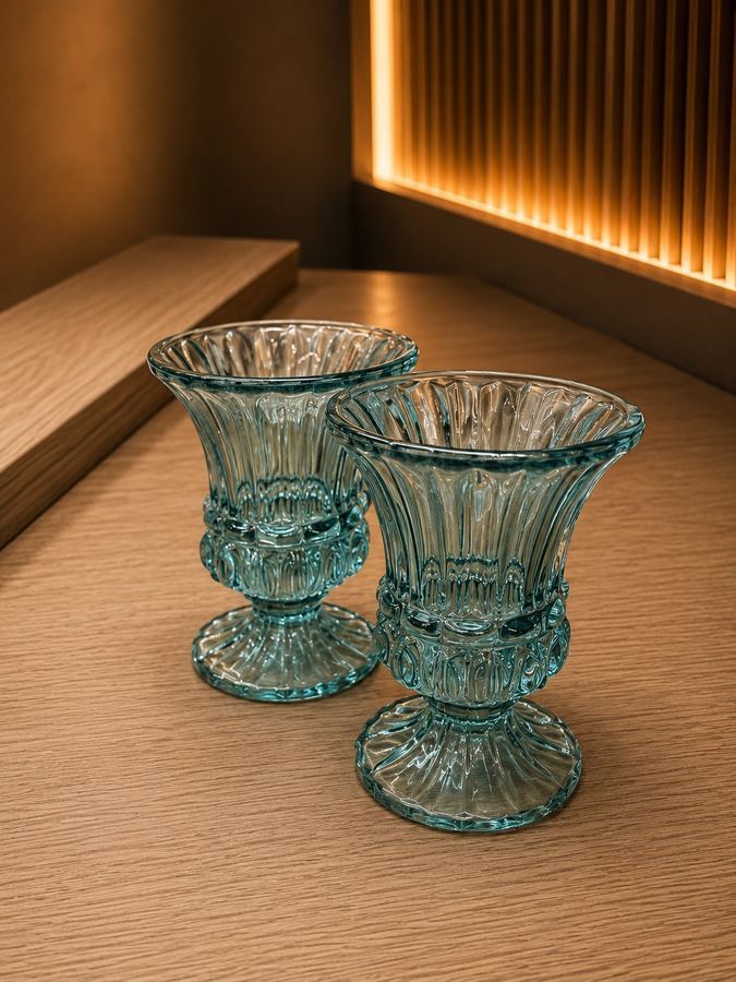 Mini Taça de Vidro Água-Marinha | Vaso Canelado Vintage com Pé | Porta-Vela Decorativo Retrô |